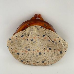 Japanese Kimono Dress Clutch Bag Vtg Green Flowers Tortoise Shell Handle